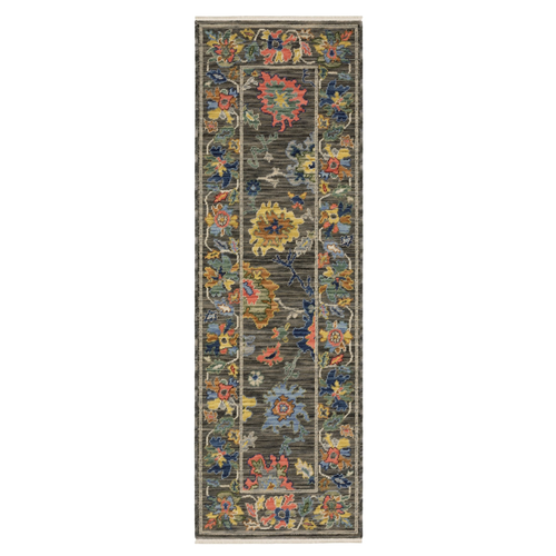 6' Gray Yellow And Blue Oriental Runner Rug With Fringe