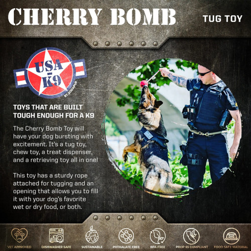 USA-K9 Cherry Bomb Durable Rubber Chew Toy, Treat Dispenser, Reward Toy