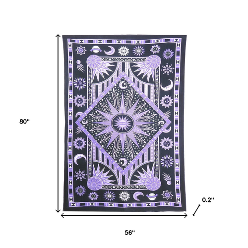 80" X 56" Purple Black And White Mandala Cotton Hanging Tapestry