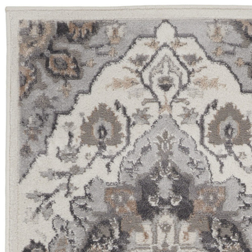 6' Ivory Black and Gray Floral Medallion Non Skid Runner Rug