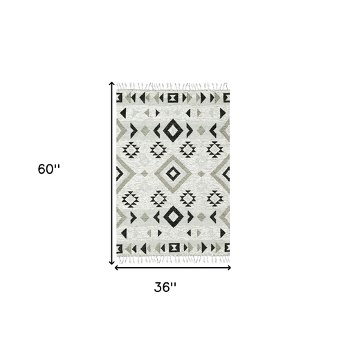 3' X 5' Black Gray And Silver Wool Geometric Handmade Area Rug With Fringe