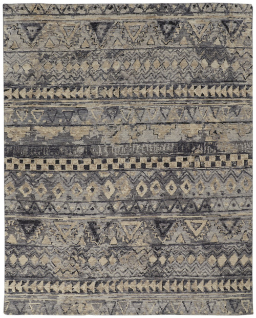 6' X 9' Taupe Gray and Tan Wool Geometric Hand Knotted Area Rug
