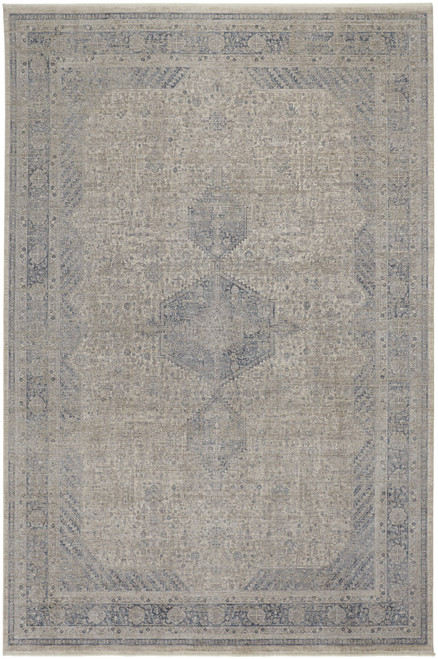 7' X 10' Gray Blue and Taupe Oriental Power Loom Worn Faded Area Rug With Fringe