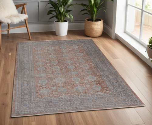 4' X 5' Blue and Red Oriental Power Loom Worn Faded Area Rug With Fringe