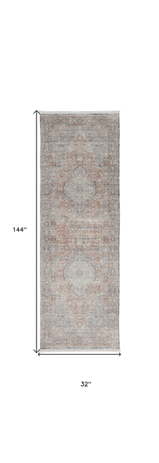 12' Gray Ivory and Orange Oriental Power Loom Worn Faded Runner Rug With Fringe