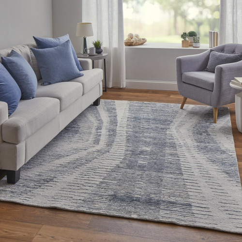 4' X 6' Ivory Gray and Blue Abstract Hand Knotted Worn Faded Area Rug