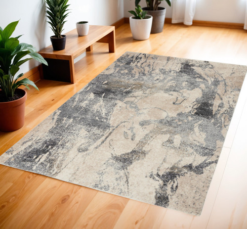 4' X 6' Cream and Gray Abstract Distressed Area Rug