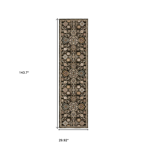 12' Brown Gray And Tan Oriental Runner Rug