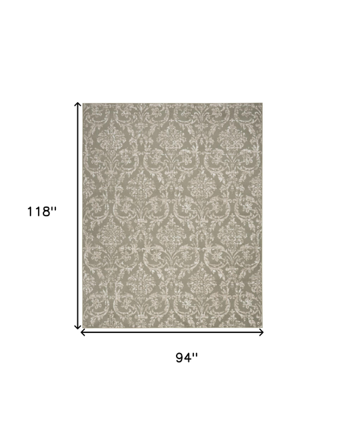 8' X 10' Olive Green and Ivory Damask Distressed Non Skid Area Rug
