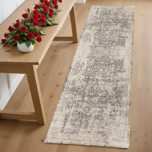 7' Runner Gray Floral Runner Rug