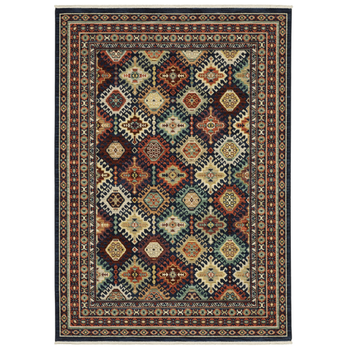 5' X 8' Navy Blue Red And Orange Oriental Area Rug With Fringe