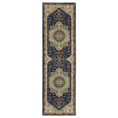 8' Blue Ivory And Gray Oriental Runner Rug With Fringe