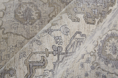 12' Gray and Ivory Oriental Power Loom Worn Faded Runner Rug With Fringe