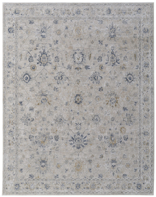 7' X 10' Ivory Taupe and Blue Floral Power Loom Worn Faded Area Rug With Fringe