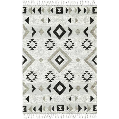 5' X 8' Black Gray And Silver Wool Geometric Handmade Area Rug With Fringe