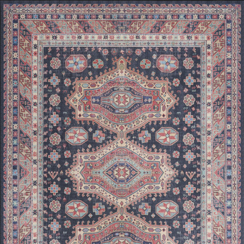5' X 7' Navy Blue and Red Medallion Distressed Non Skid Area Rug