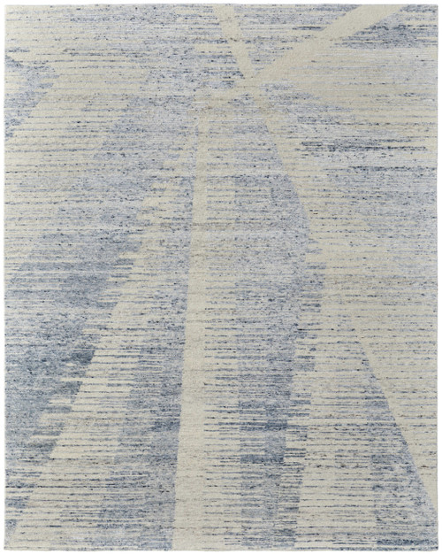 2' X 3' Ivory and Blue Abstract Hand Knotted Worn Faded Area Rug
