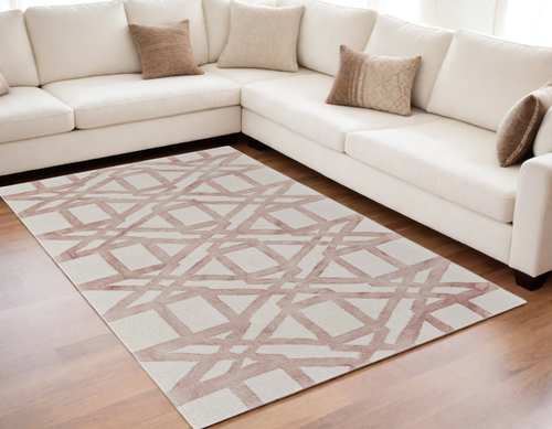 5' X 8' Ivory Pink and Tan Wool Geometric Hand Tufted Area Rug