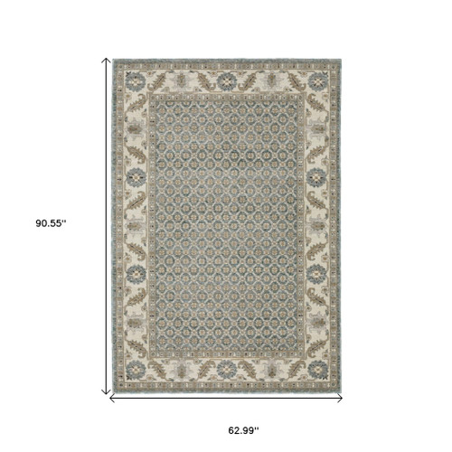 5' X 7' Blue And Ivory Oriental Area Rug