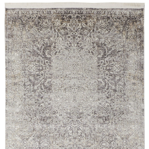 8' Gray and Ivory Oriental Power Loom Worn Faded Runner Rug