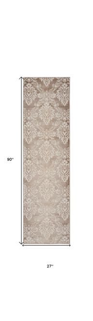 8' Ivory and Brown Damask Distressed Non Skid Runner Rug