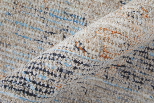 9' X 12' Ivory Blue and Orange Oriental Hand Woven Distressed Area Rug With Fringe