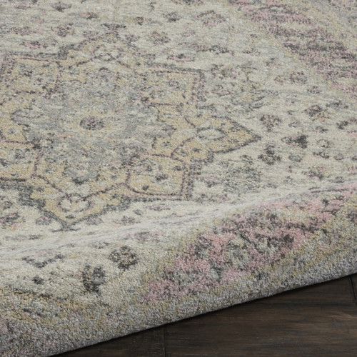 5' Ivory Pink And Gray Floral Medallion Distressed Round Rug