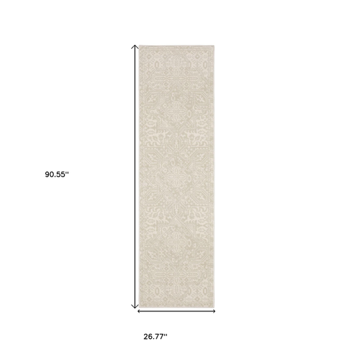 8' Ivory And Beige Medallion Runner Rug