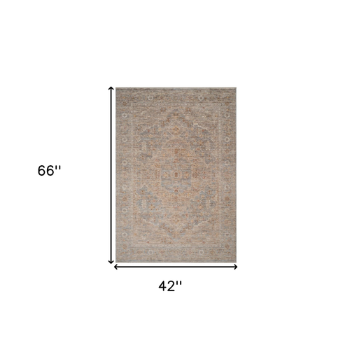 4' X 6' Blue And Sand Floral Medallion Area Rug With Fringe