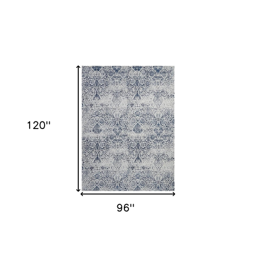 8' X 10' Navy Blue And Ivory Damask Distressed Area Rug