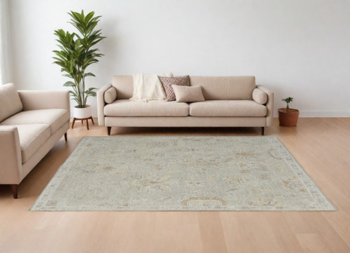 8' X 10' Gray and Brown Wool Floral Hand Knotted Area Rug