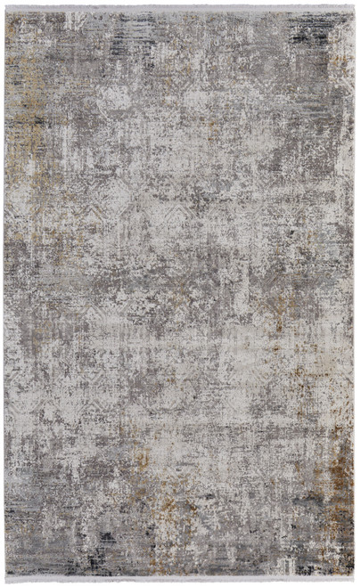 5' X 8' Ivory Taupe and Gray Abstract Power Loom Distressed Area Rug With Fringe
