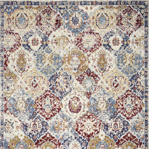9' X 12' Blue Red and Orange Floral Distressed Non Skid Area Rug