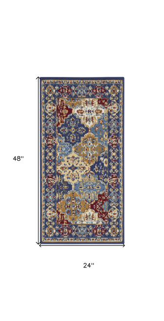 2' X 4' Red Blue And Light Brown Ogee Distressed Area Rug