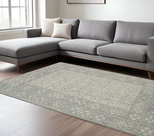 8' X 10' Gray And Ivory Wool Southwestern Hand Hooked Area Rug