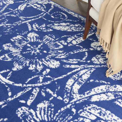 8' X 12' Ivory and Navy Blue Floral Distressed Non Skid Area Rug