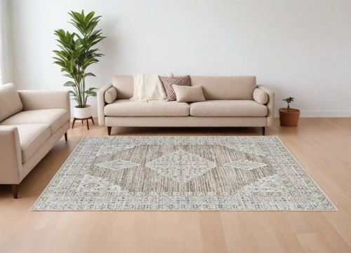 8' X 11' Beige and Brown Abstract Distressed Area Rug