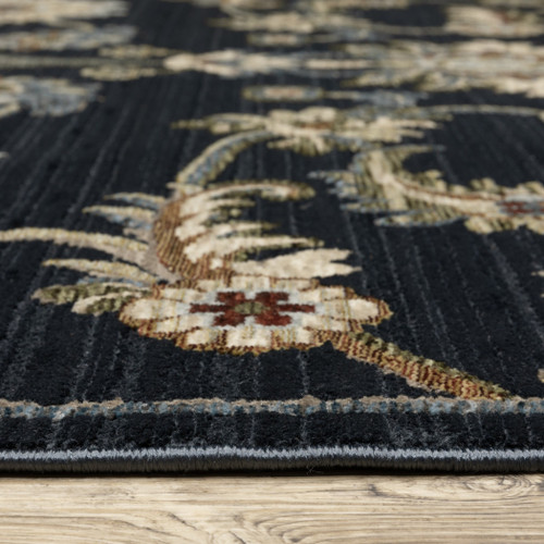 3' X 5' Navy Blue Tan And Teal Oriental Area Rug With Fringe