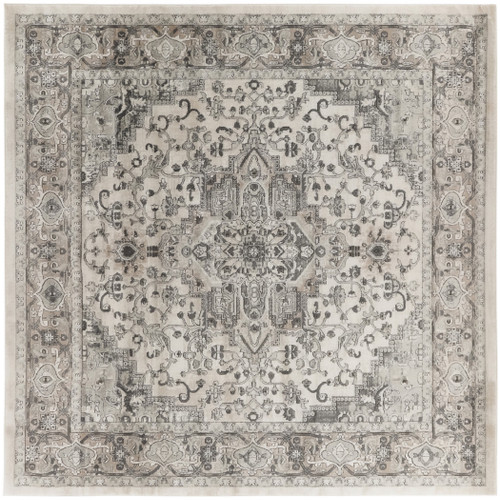 8' Gray and Ivory Square Medallion Power Loom Distressed Area Rug