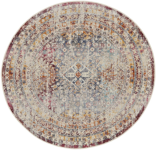 6' Ivory Red And Orange Geometric Distressed Round Rug