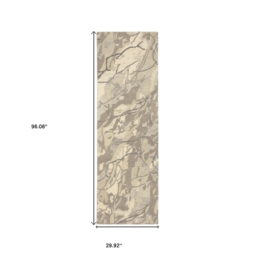 8' Beige And Ivory Wool Abstract Hand Tufted Runner Rug