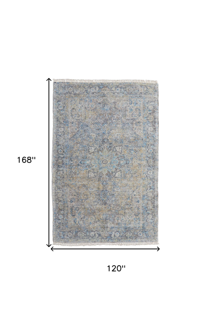 10' X 14' Gray Blue and Tan Abstract Hand Woven Distressed Area Rug With Fringe