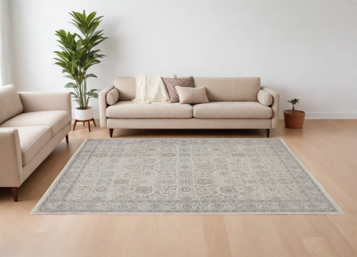 8' X 10' Gray and Ivory Oriental Power Loom Worn Faded Area Rug With Fringe