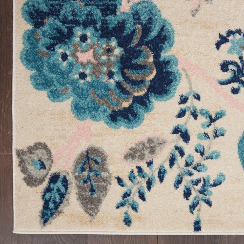 6' X 9' Ivory Navy Blue And Light Blue Floral Area Rug