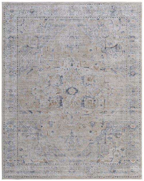 7' X 10' Ivory Taupe and Blue Oriental Power Loom Worn Faded Area Rug With Fringe