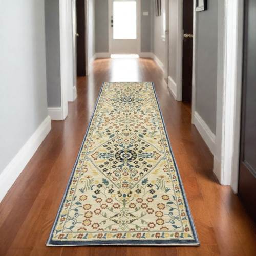 8' Ivory Blue And Burnt Orange Oriental Runner Rug With Fringe