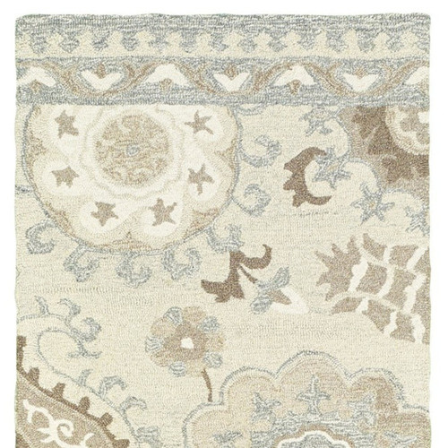 8' Ivory And Gray Wool Floral Hand Tufted Runner Rug