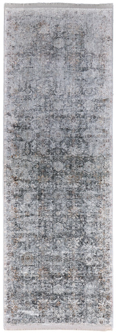 12' Gray and Silver Damask Power Loom Worn Faded Runner Rug