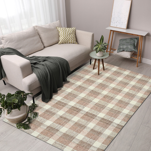 8' X 10' Pink And Ivory Wool Plaid Hand Tufted Area Rug