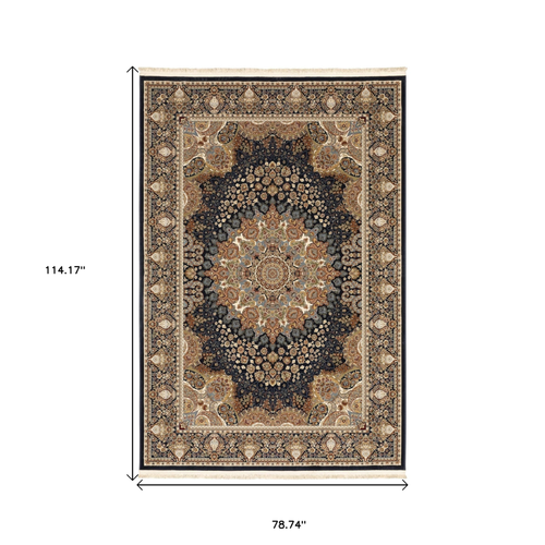 7' X 10' Navy Blue Tan And Black Medallion Area Rug With Fringe